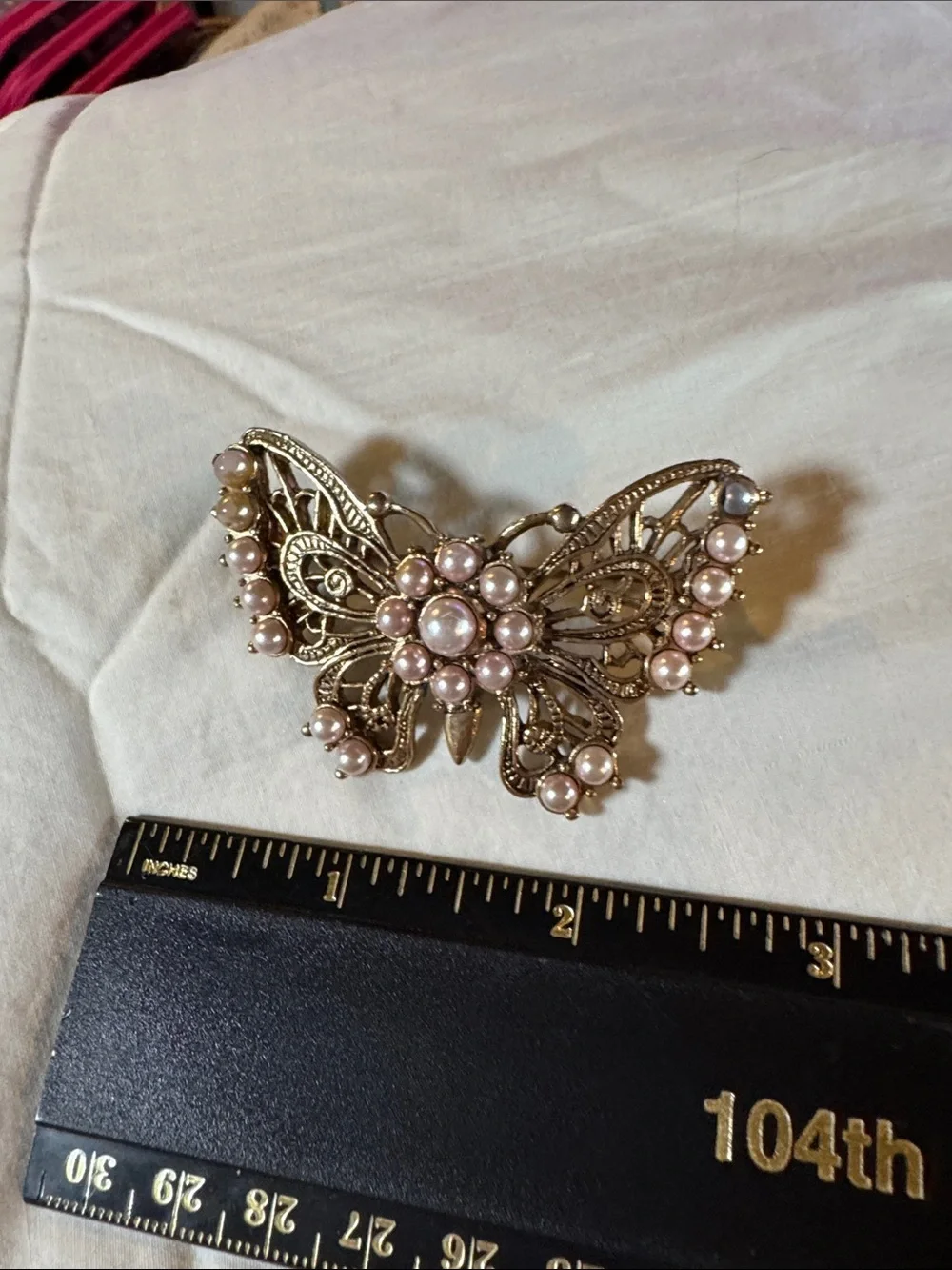 Pearl Accent Butterfly Brooch - Pink Pearls on Gold Tone